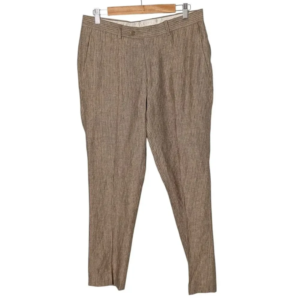 NWT Bar III Men's Sz 32 x 30 Tan Stripe 100% Linen Slacks Dress Pants Flat Front